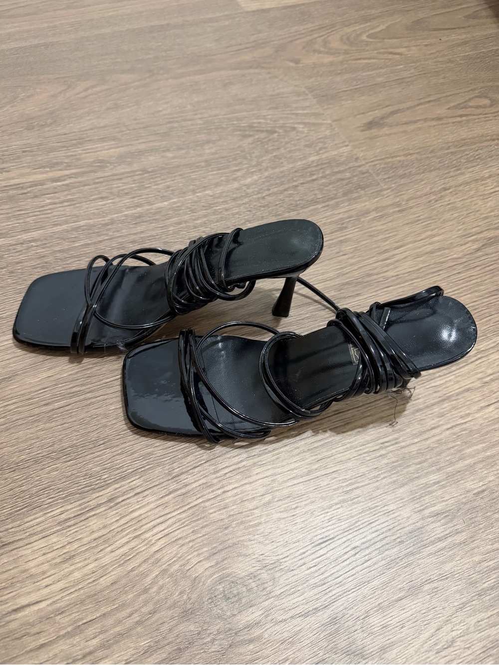 Black Strappy Square-Toe Heeled Sandal